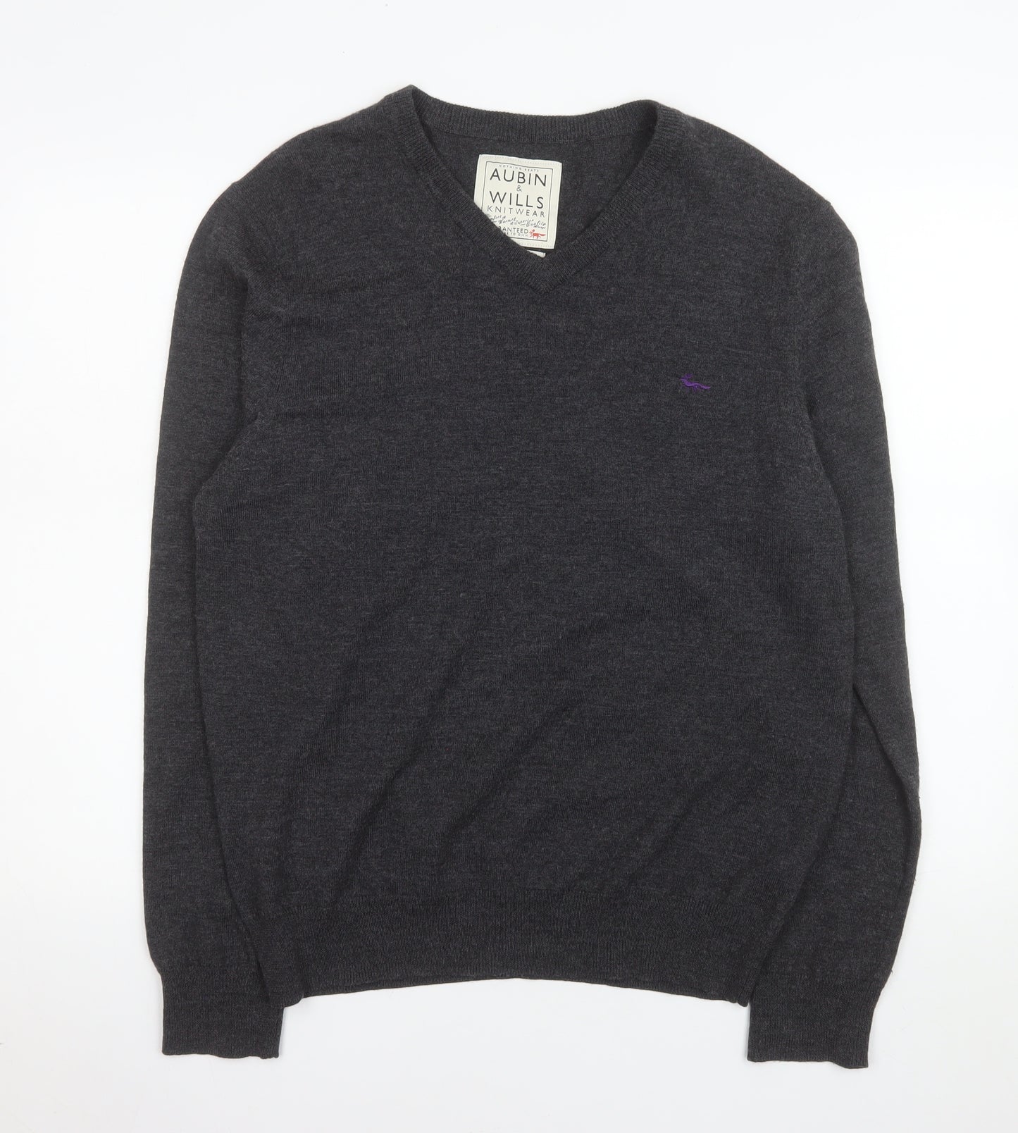 Aubin & Wills Men's Grey Merino Wool V-Neck Pullover Jumper L