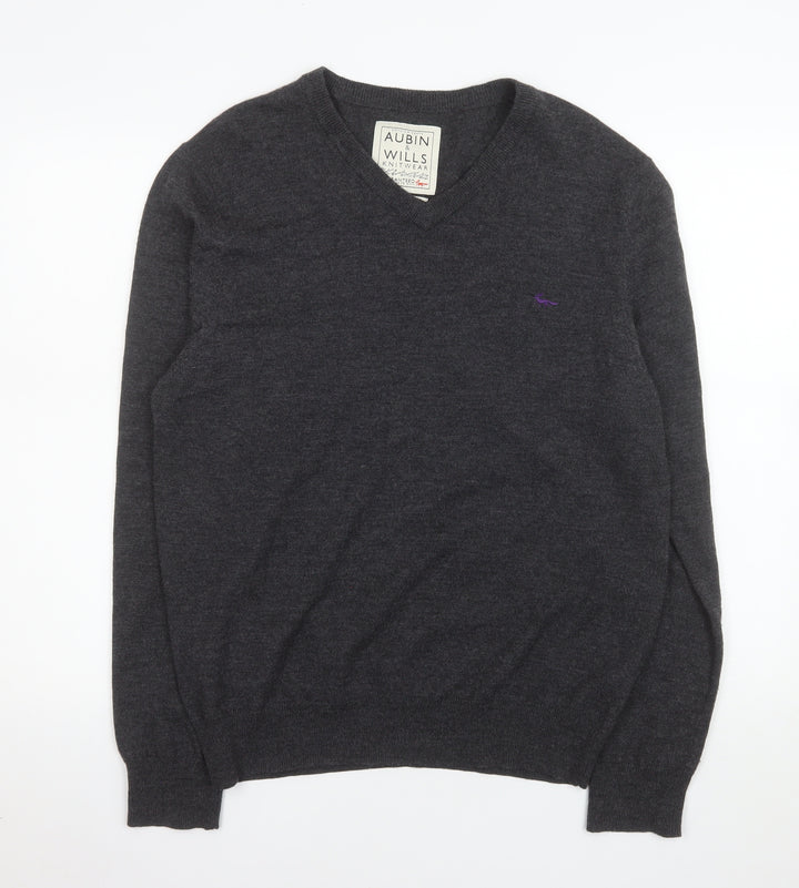 Aubin & Wills Men's Grey Merino Wool V-Neck Pullover Jumper L