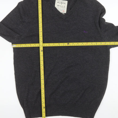 Aubin & Wills Men's Grey Merino Wool V-Neck Pullover Jumper L