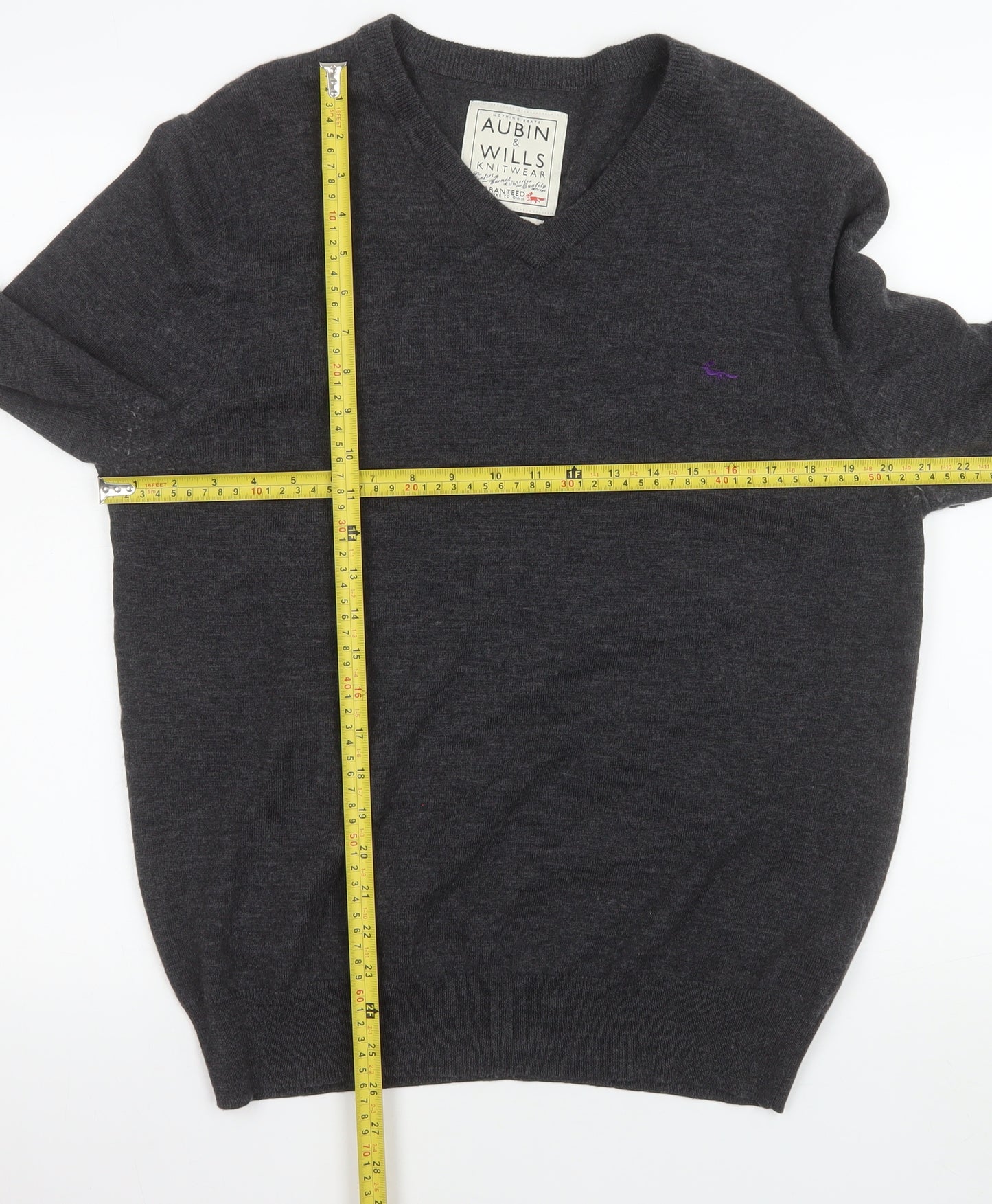 Aubin & Wills Men's Grey Merino Wool V-Neck Pullover Jumper L