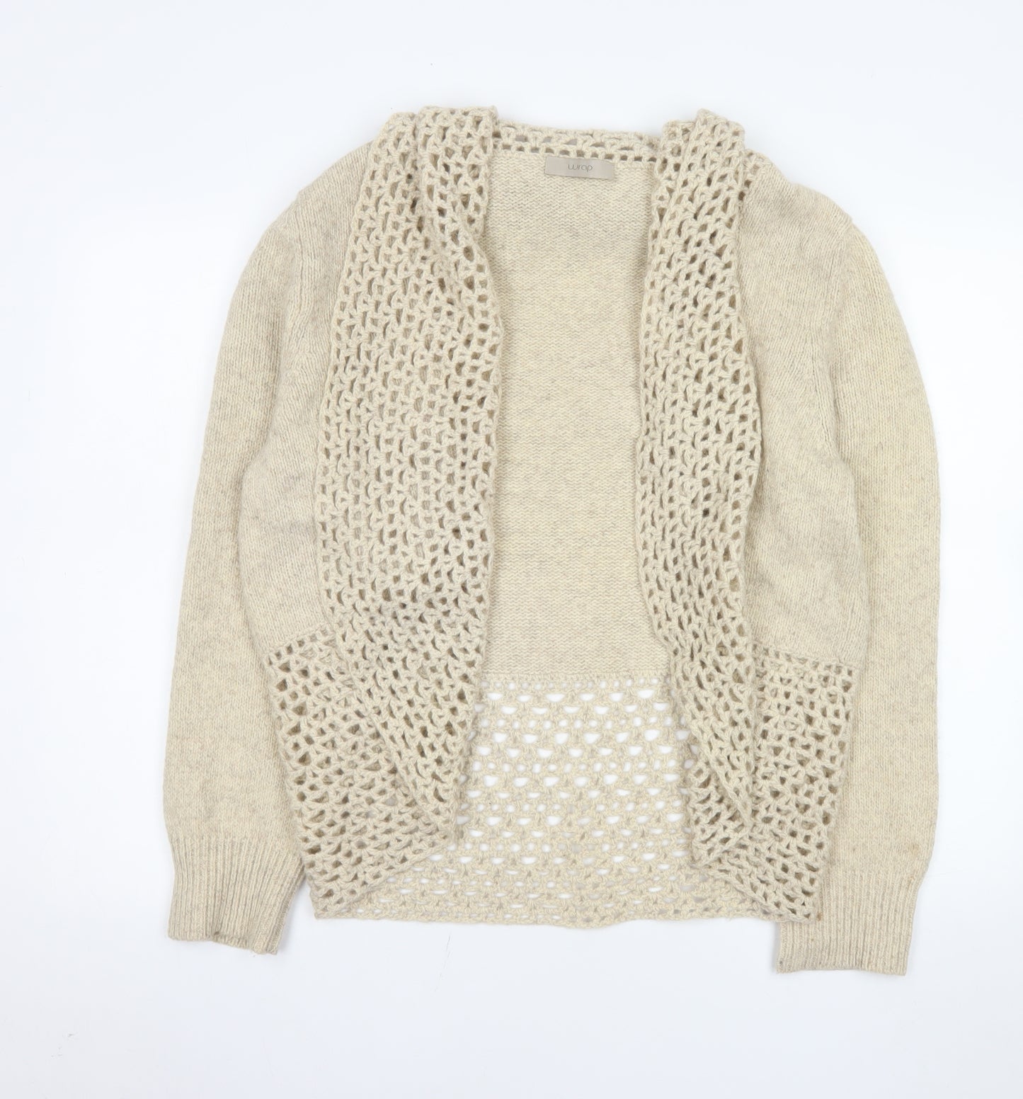 Wrap Women Beige Merino Wool Open-Knit Long Sleeve Cardigan Size 20