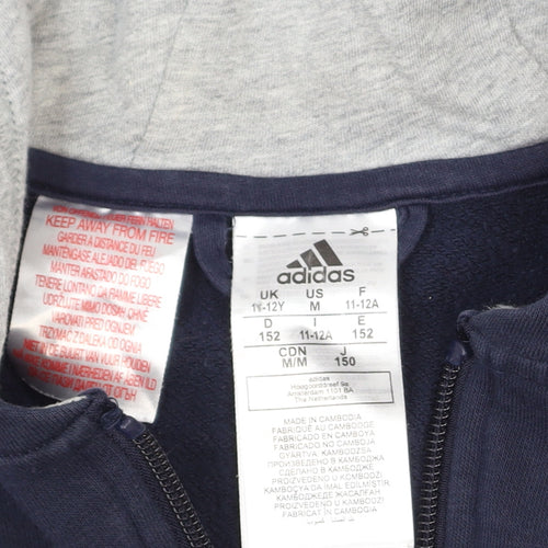 Adidas Boys Navy and Grey Full Zip Hoodie 11-12 Years Classic Fit