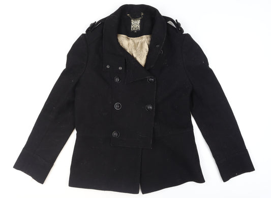 Biba Women's Black Wool Blend Pea Coat Size 14 Short Belted