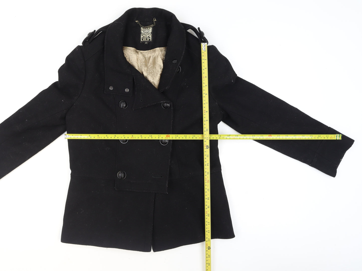 Biba Women's Black Wool Blend Pea Coat Size 14 Short Belted