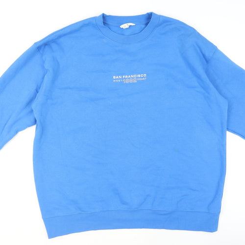 H&M Men Blue Pullover Sweatshirt L Crew Neck Graphic Print