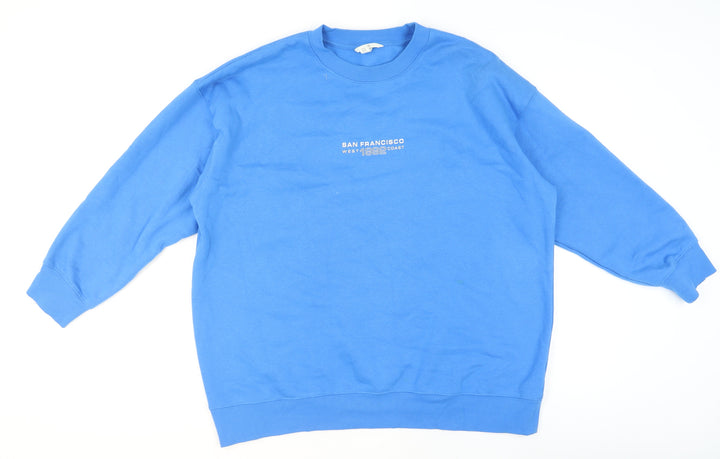 H&M Men Blue Pullover Sweatshirt L Crew Neck Graphic Print