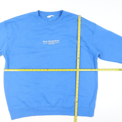 H&M Men Blue Pullover Sweatshirt L Crew Neck Graphic Print