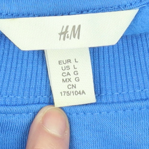 H&M Men Blue Pullover Sweatshirt L Crew Neck Graphic Print
