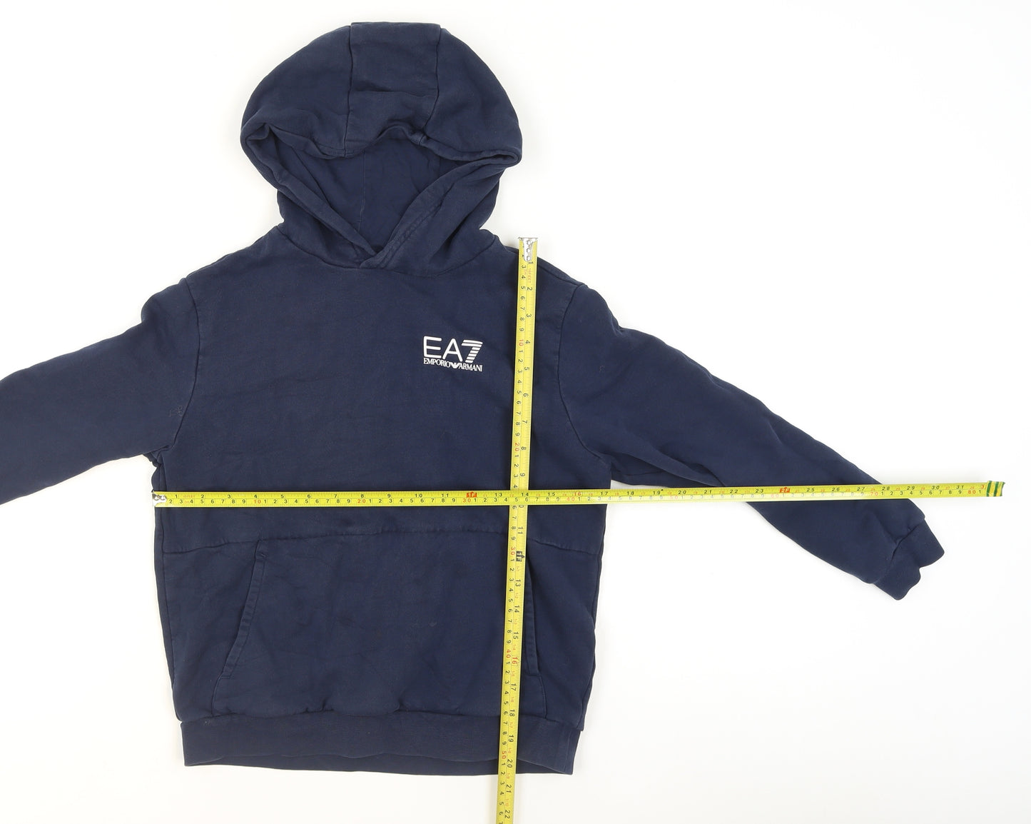 Emporio Armani Boys Navy Pullover Hoodie 12 Years EA7 Logo Cotton Blend