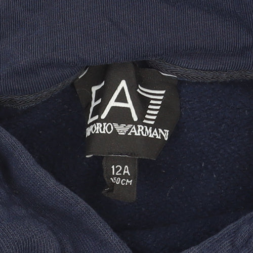 Emporio Armani Boys Navy Pullover Hoodie 12 Years EA7 Logo Cotton Blend