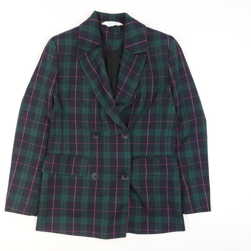 Primark Women's Green Check Blazer Size 6 Double-Breasted Jacket