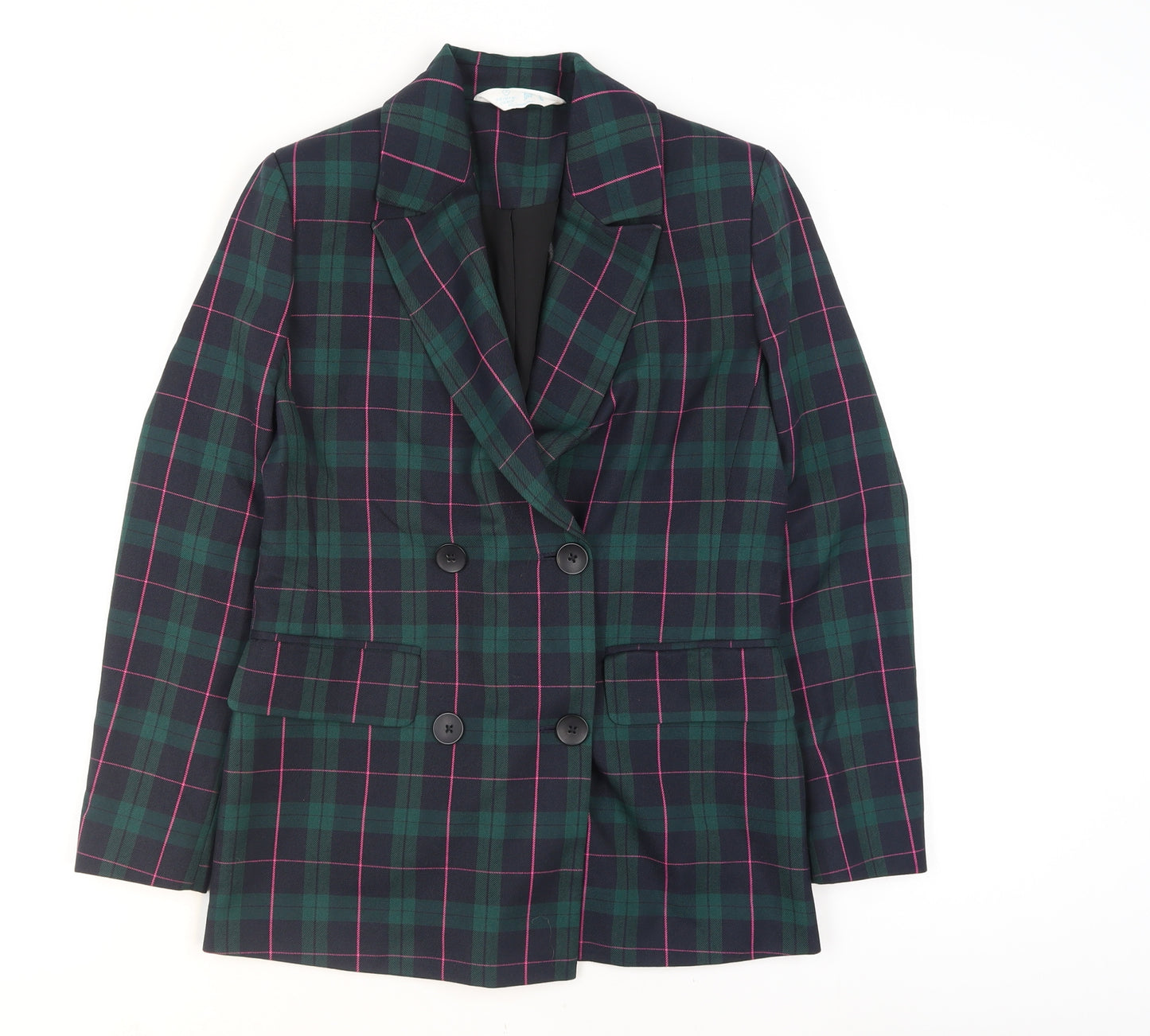 Primark Women's Green Check Blazer Size 6 Double-Breasted Jacket