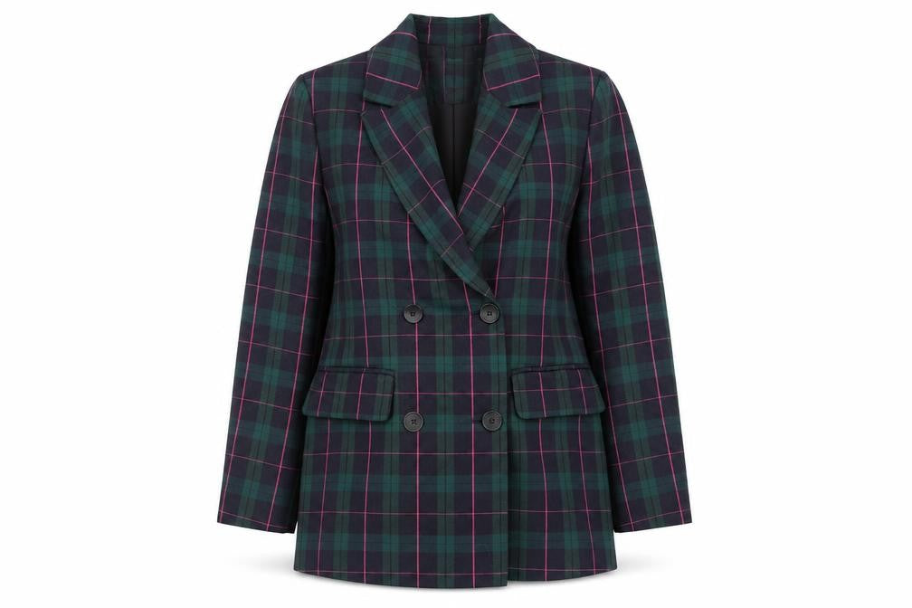 Front view of Primark Women's Green Check Blazer, size 6, Double-Breasted Jacket