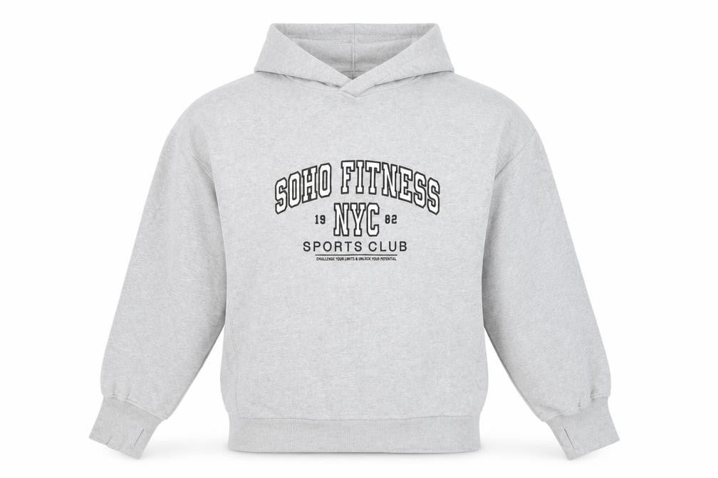Front view of Next Men Grey Pullover Hoodie M Logo Print Sports Fleece Sweatshirt