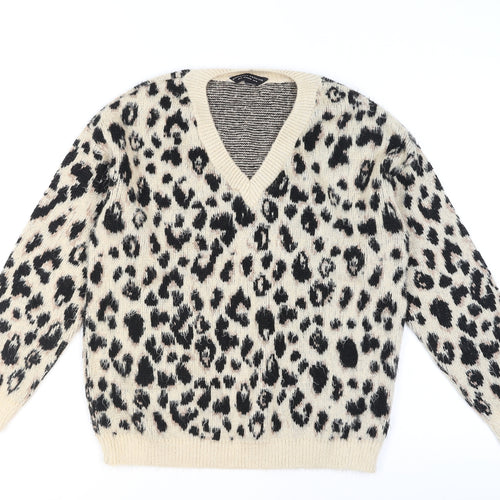 Dorothy Perkins Women Beige Leopard Print V-Neck Jumper Size 10