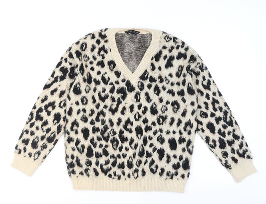 Dorothy Perkins Women Beige Leopard Print V-Neck Jumper Size 10