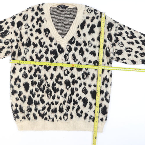 Dorothy Perkins Women Beige Leopard Print V-Neck Jumper Size 10