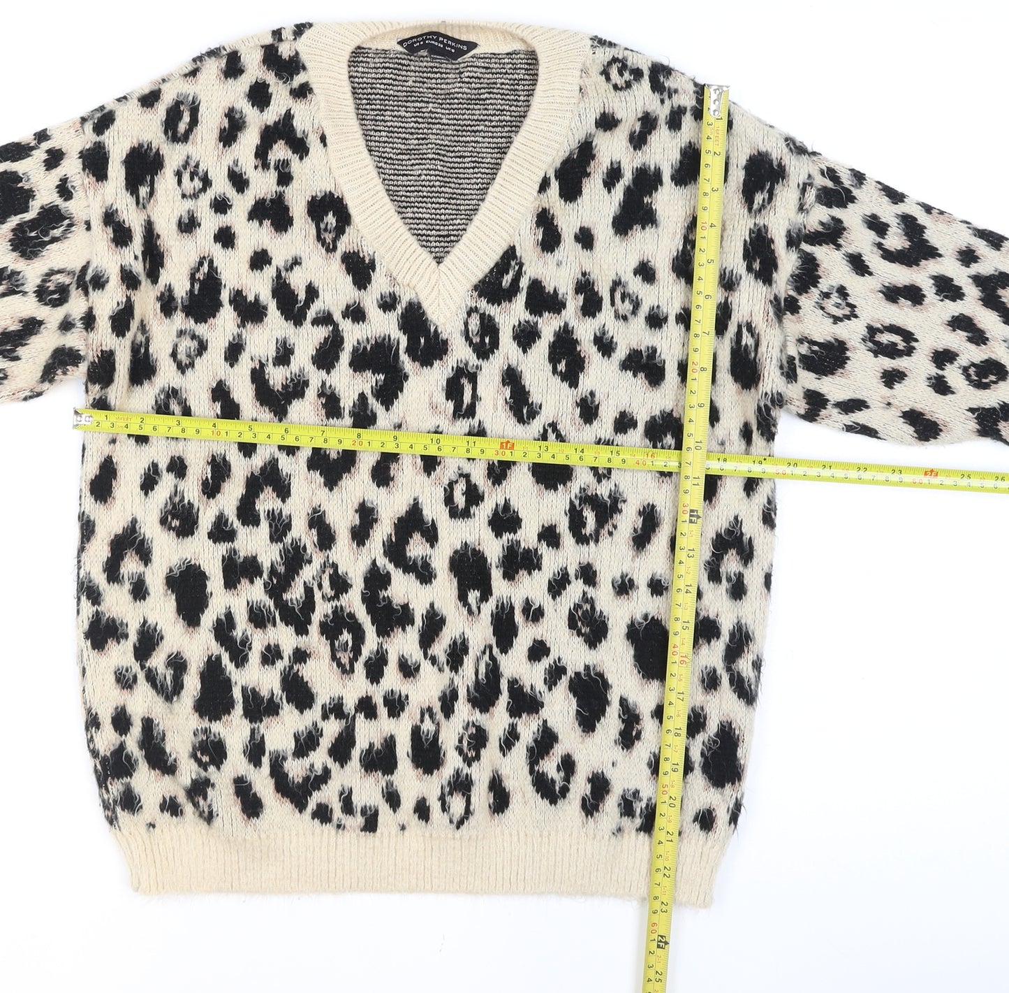 Dorothy Perkins Women Beige Leopard Print V-Neck Jumper Size 10