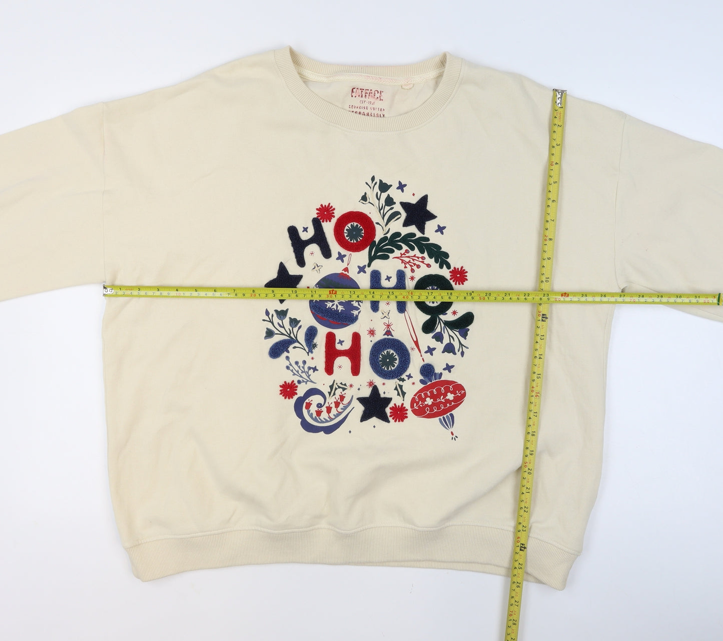 FatFace Women Beige Christmas Ho Ho Ho Pullover Sweatshirt Size L