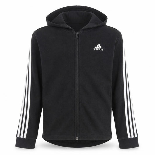 Front view of Adidas boys’ black fleece hooded full zip activewear jacket 11-12 years
