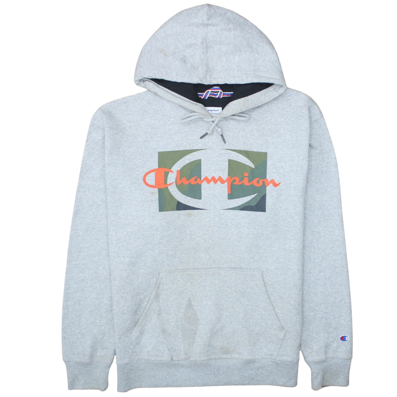 Champion Men Grey Logo Pullover Hoodie L Fleece Sweatshirt