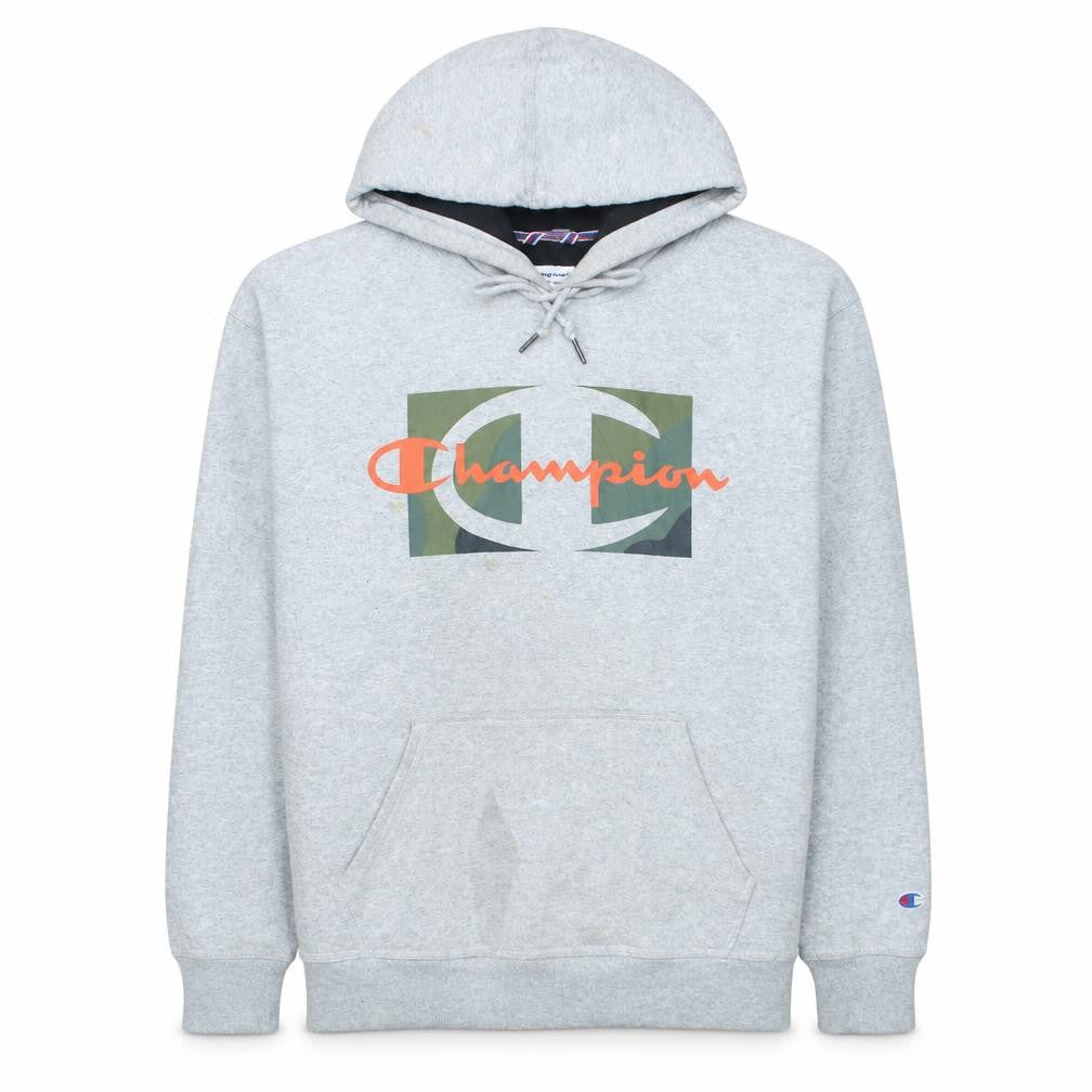 Front view of Champion Men Grey Logo Pullover Hoodie L Fleece Sweatshirt