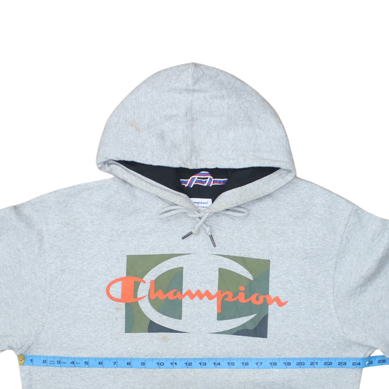 Champion Men Grey Logo Pullover Hoodie L Fleece Sweatshirt