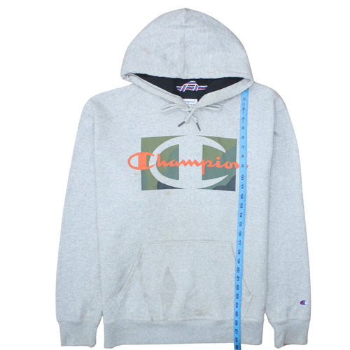 Champion Men Grey Logo Pullover Hoodie L Fleece Sweatshirt