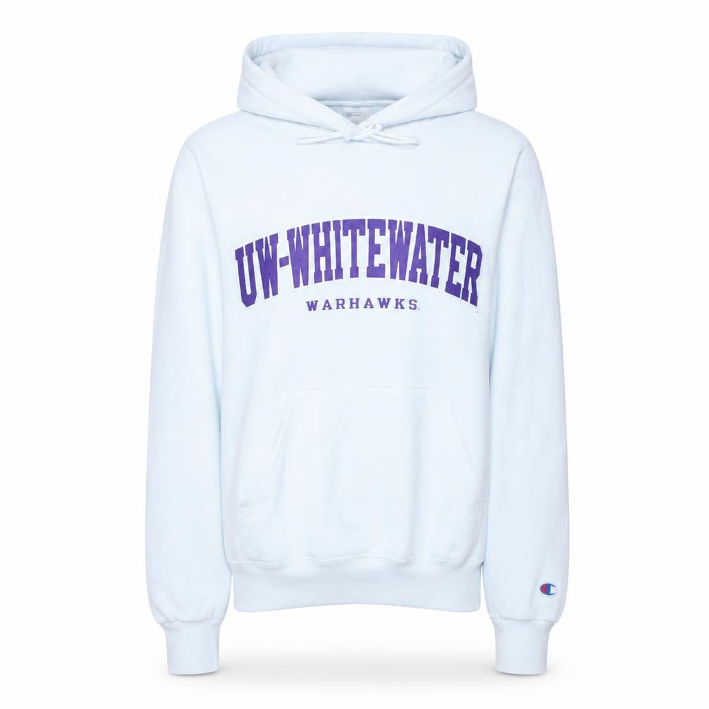 Front view of Champion women’s white uw-whitewater warhawks pullover hoodie xs
