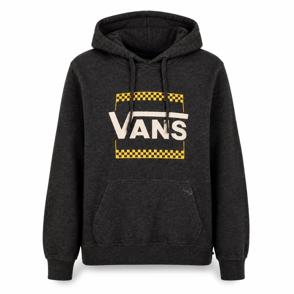 Front view of Vans women’s black pullover hoodie medium - logo graphic casual sweatshirt