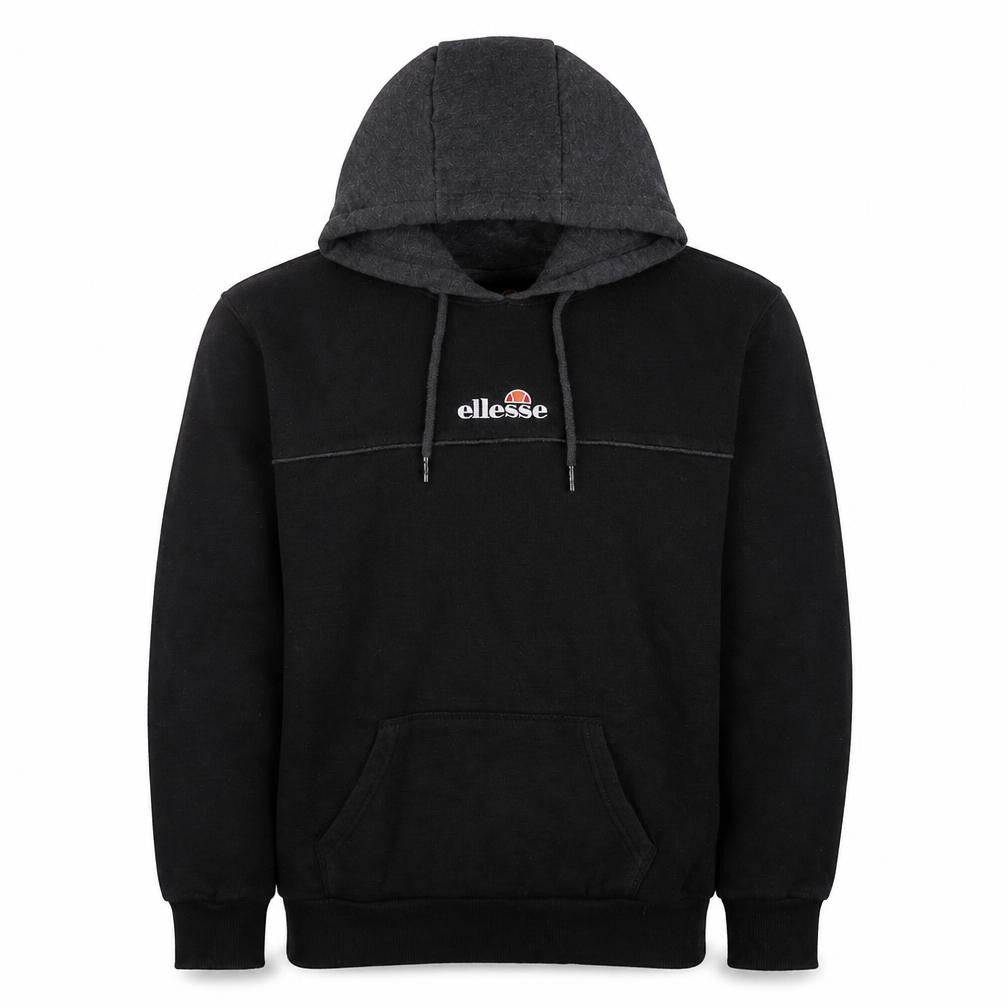 Front view of Ellesse men’s black xs pullover logo hoodie with drawstrings