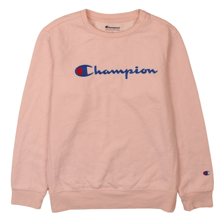 Champion Girls Pink Crew Neck Pullover Sweatshirt L Embroidered Logo Cotton Blend