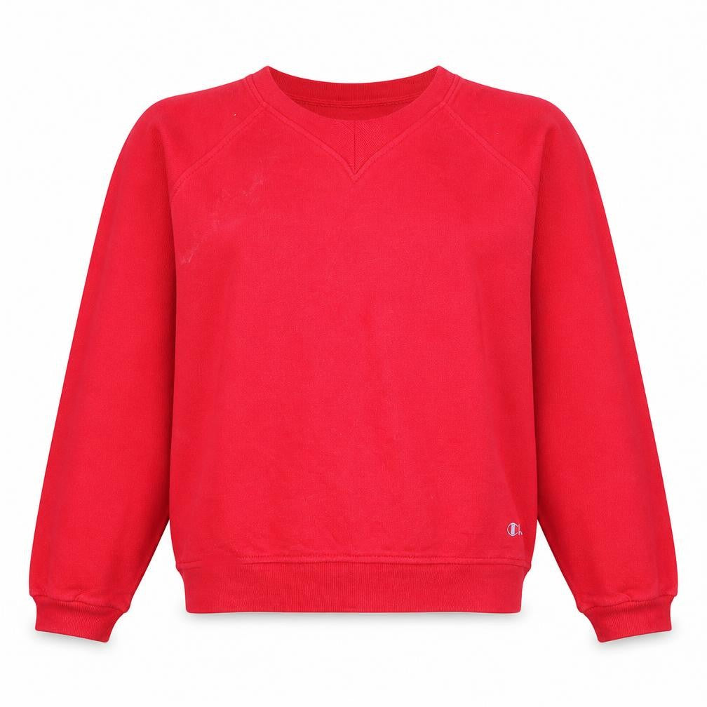 Front view of Champion women’s red pullover sweatshirt l cotton blend casual