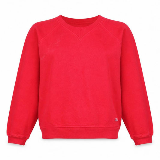 Front view of Champion women’s red pullover sweatshirt l cotton blend casual