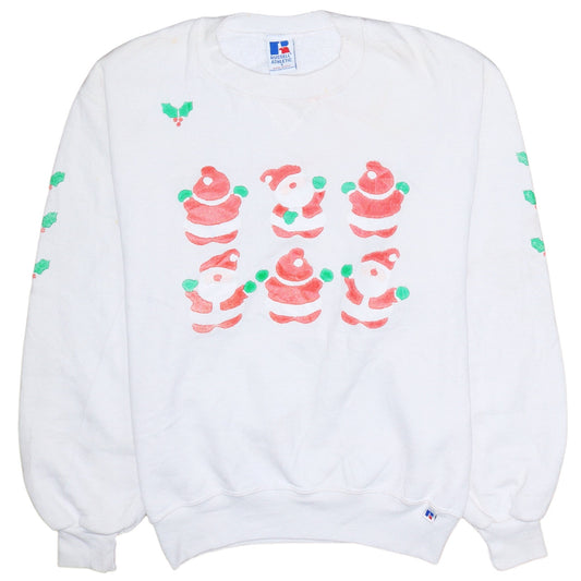 Russell Athletic Women White Christmas Santa Print Pullover Sweatshirt S