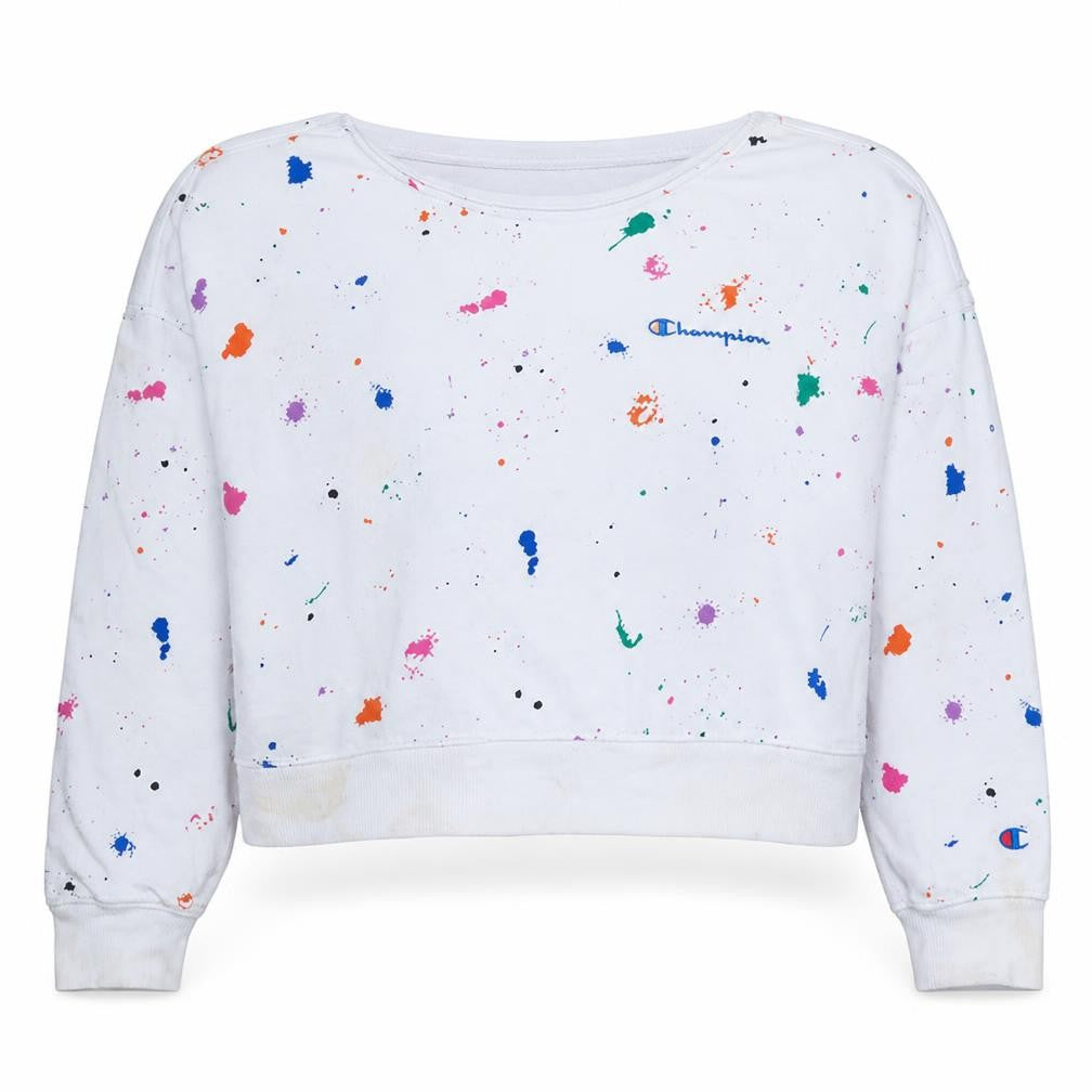 Front view of Champion Women's White Multicoloured Paint Splatter Pullover Sweatshirt, size S