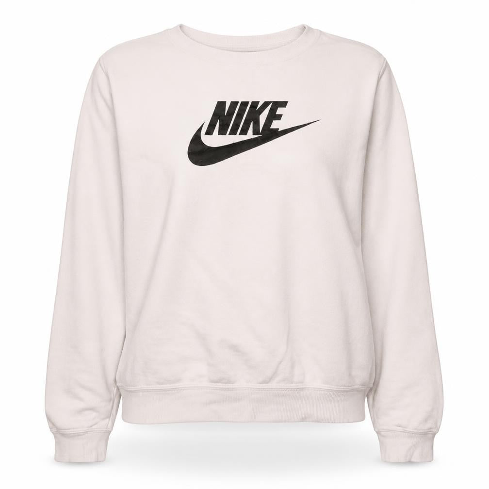 Front view of Nike women’s white crew neck pullover sweatshirt, size M