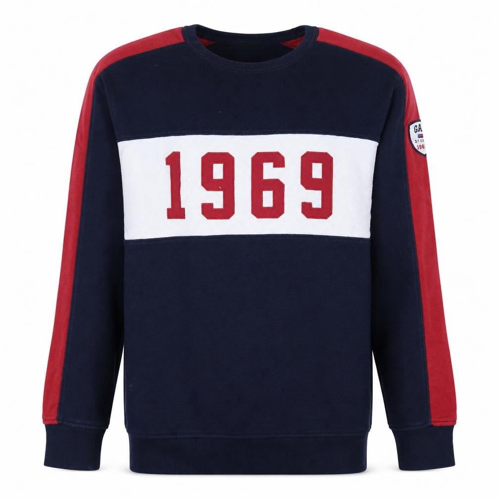Front view of Gap Men’s Blue Red 1969 Crew Neck Pullover Sweatshirt, size S