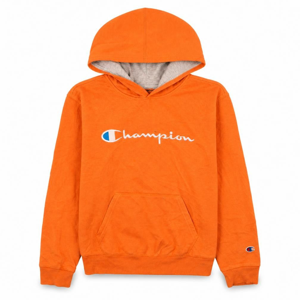 Front view of Champion boys’ orange pullover hoodie l embroidered logo fleece