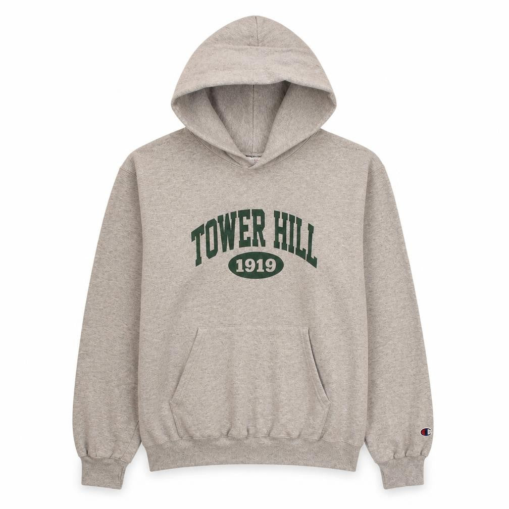 Front view of Champion boys’ grey pullover hoodie l tower hill 1919 graphic sweatshirt