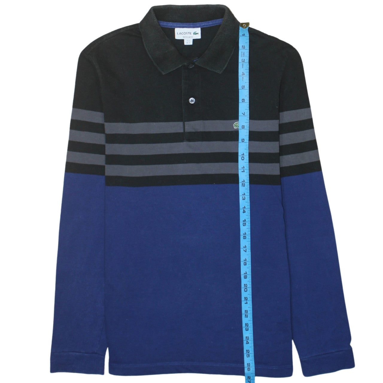 Lacoste Men’s Blue Black Striped Regular Fit Long Sleeve Polo Shirt Size S