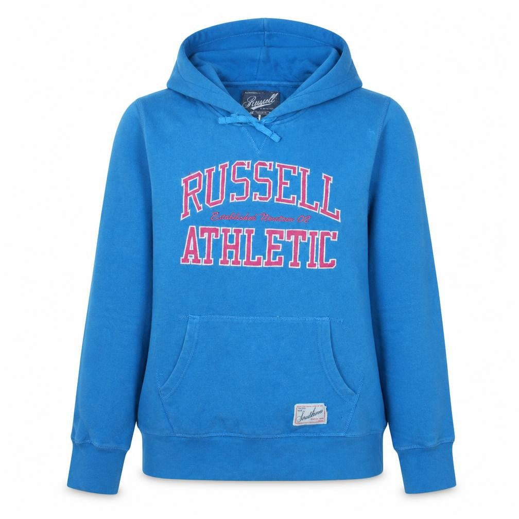 Front view of Russell Athletic women’s blue pullover hoodie, size L, cotton blend