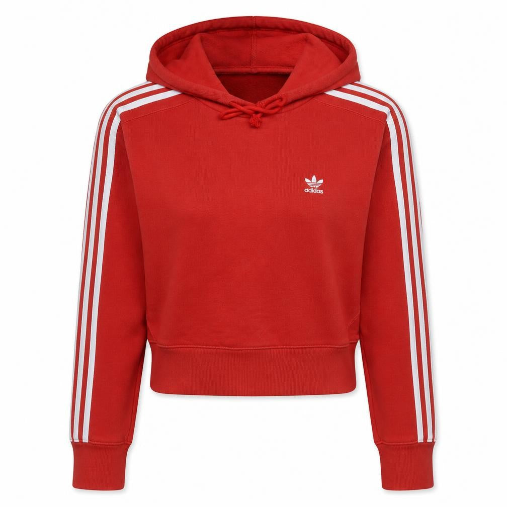 Front view of Adidas Women's Red Hooded Pullover Hoodie UK 8 with White Stripes