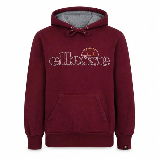Front view of Ellesse men’s red pullover hoodie, size S, embroidered logo sportswear