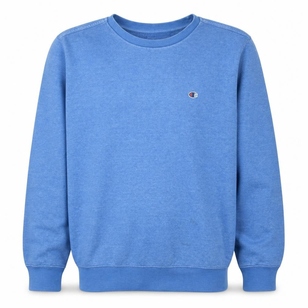 Front view of Champion Men's Blue Crew Neck Pullover Sweatshirt Large
