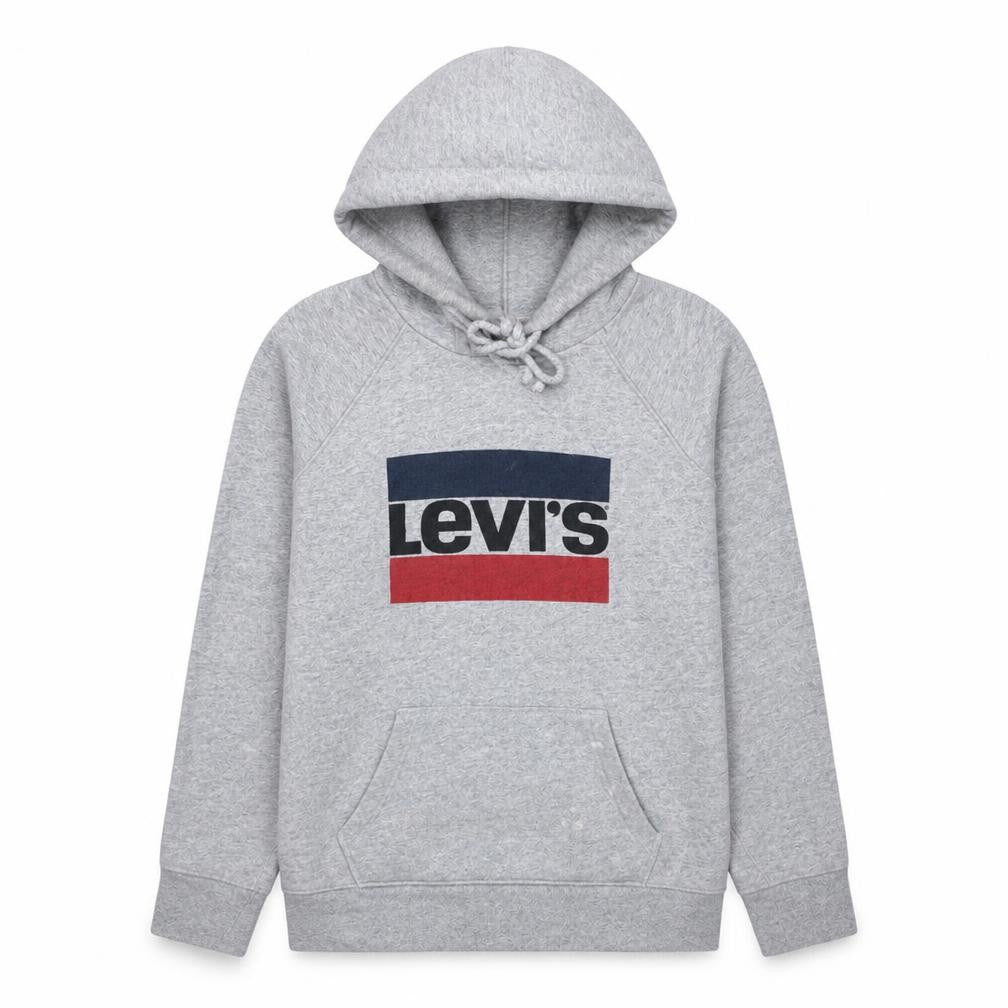 Front view of Levi's Women Grey Pullover Hoodie L Logo Print Cotton Blend