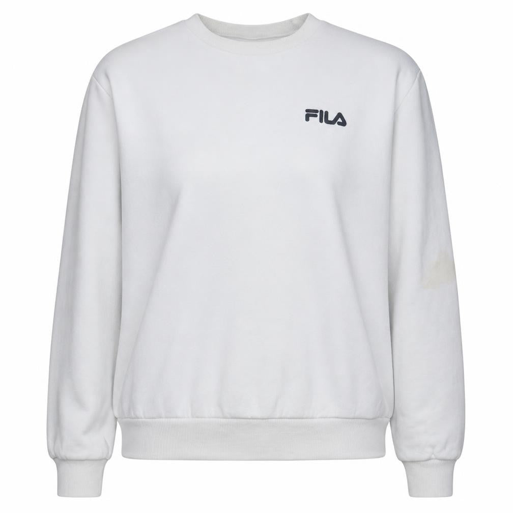 Front view of Fila women’s white xs crew neck pullover logo sweatshirt