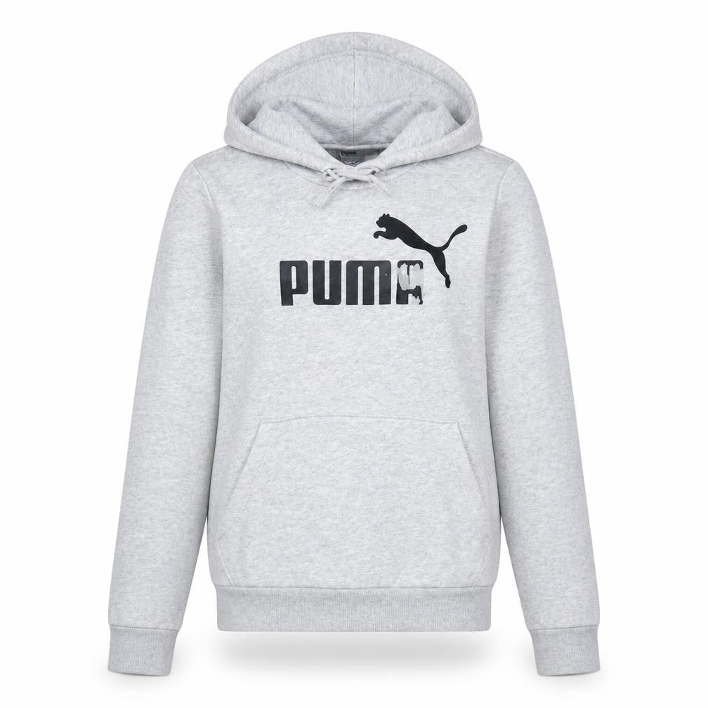 Front view of Puma women’s grey hoodie xs relaxed fit pullover sweatshirt
