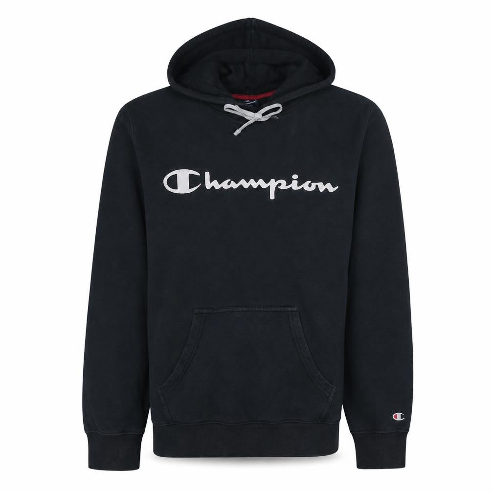 Front view of Champion Men’s Black Pullover Hoodie Small Logo Athletic Fleece