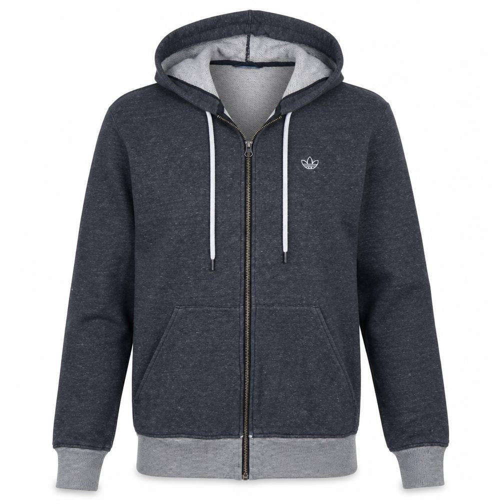 Front view of Adidas men’s grey full zip hoodie, size M, regular fit